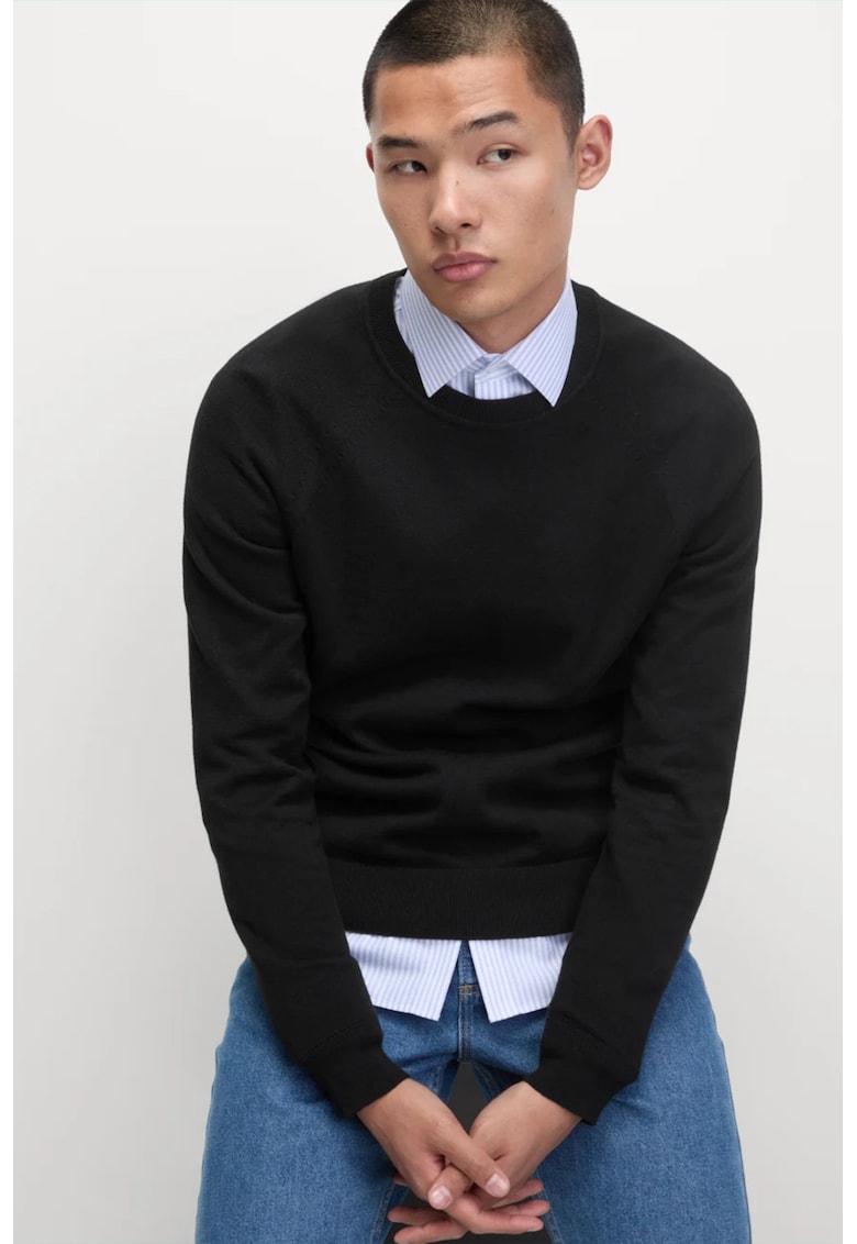 Pulover din bumbac cu maneci raglan - Negru