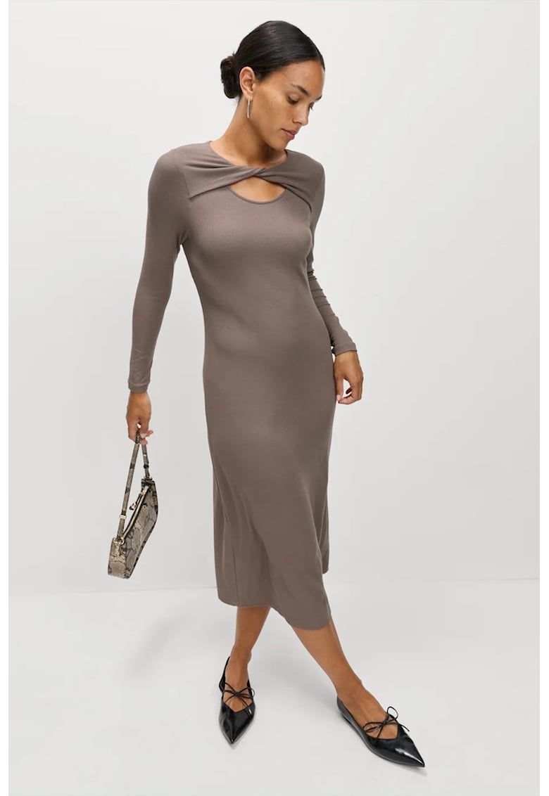 Rochie midi striata cu maneci lungi si decolteu rasucit - Maro taupe