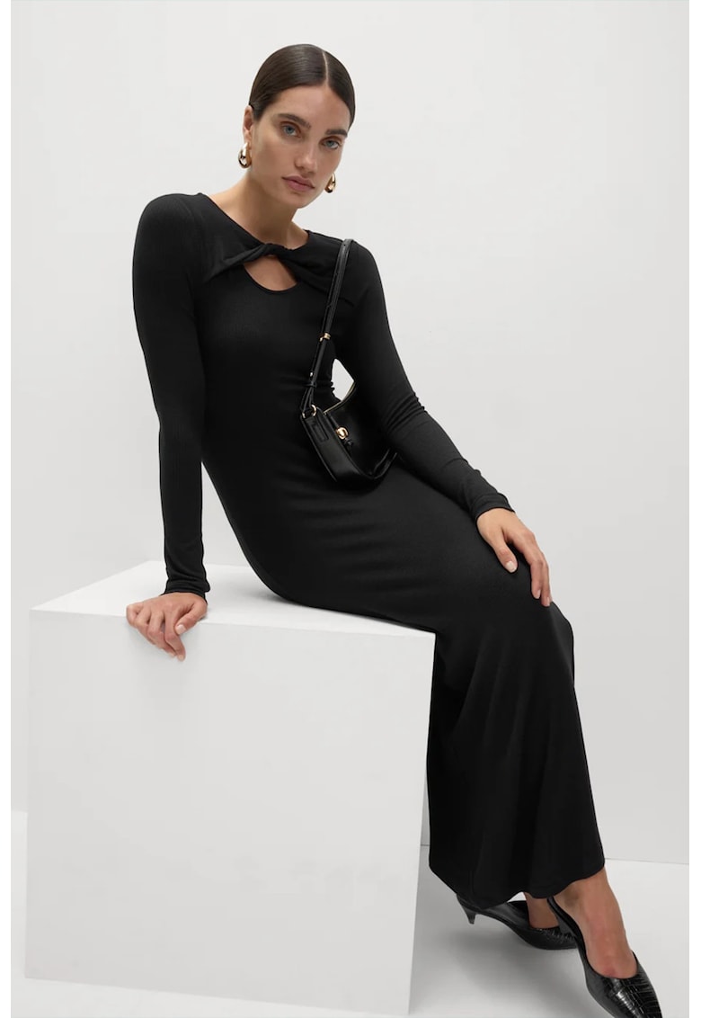 Rochie midi striata cu maneci lungi si decolteu rasucit - Negru
