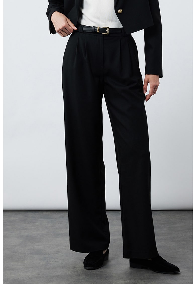 Pantaloni drepti cu o curea in talie - Negru