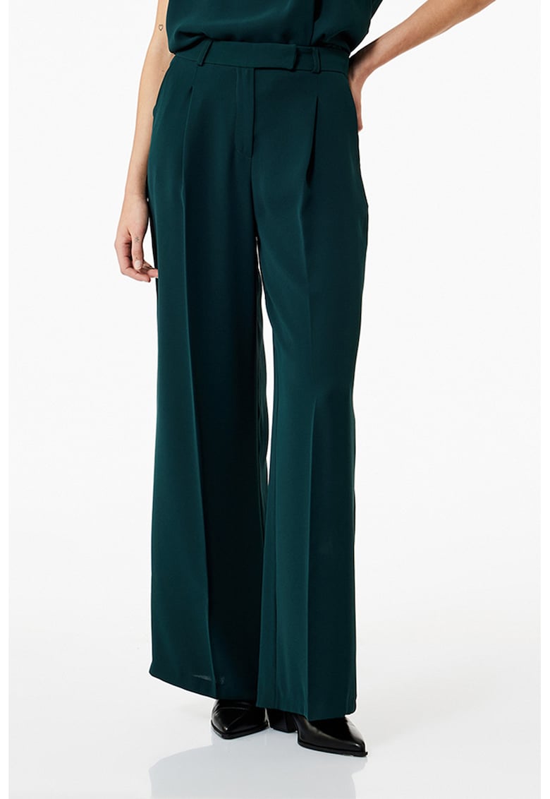 Pantaloni ampli cu pliuri si talie inalta - Verde englez