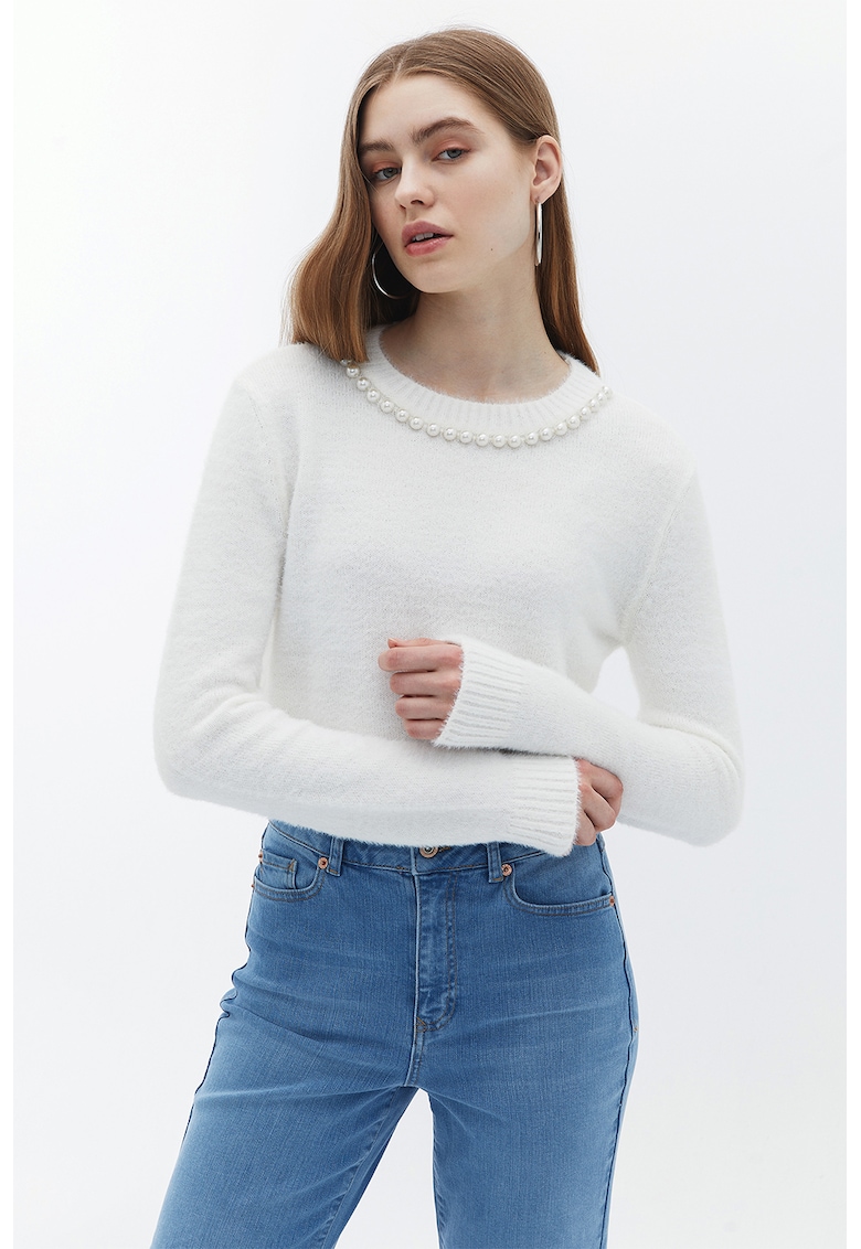 Pulover crop cu perle sintetice - Alb murdar