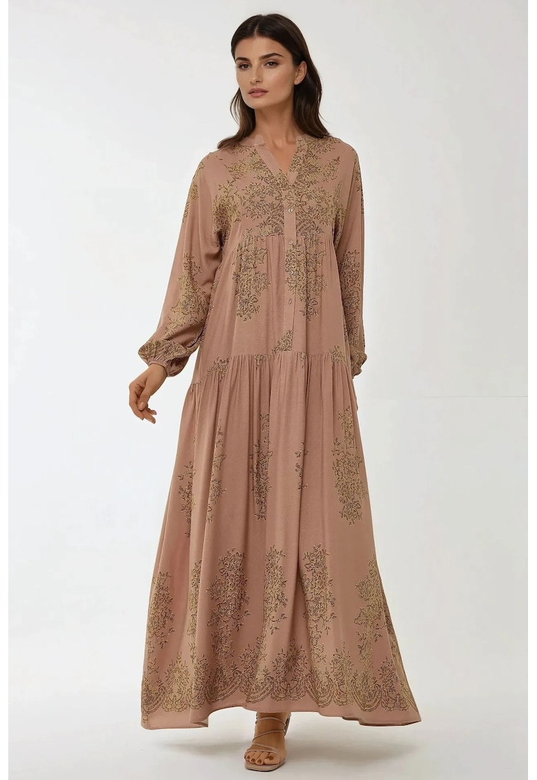 Rochie maxi -  viscon imprimat - guler camasa - maro - textil