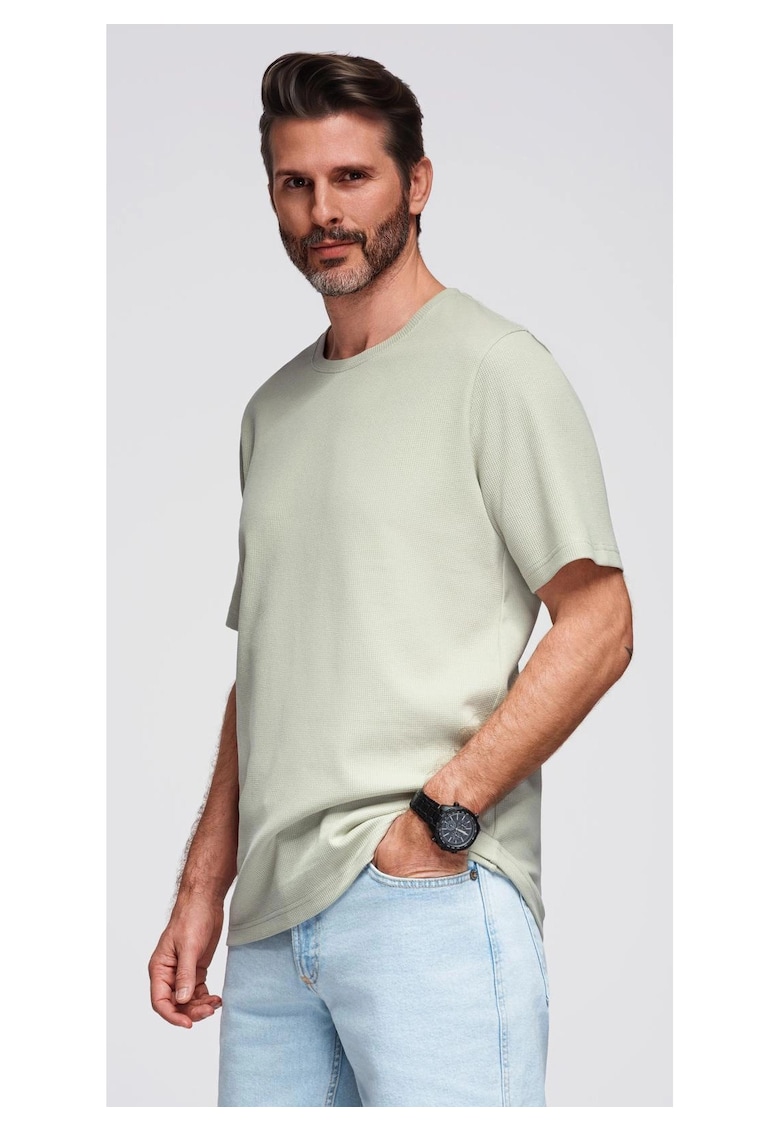 Tricou cu textura tip waffle si decolteu rotund  OM-TSCT-0197 - Verde fistic