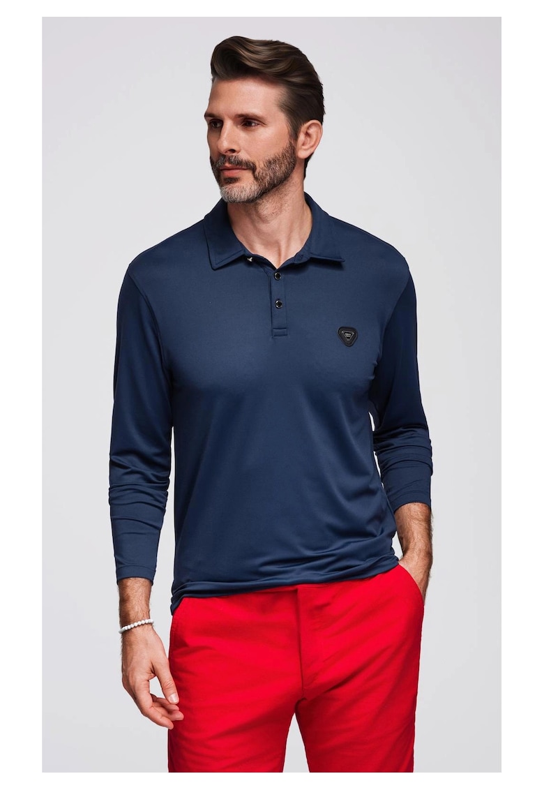 Tricou polo cu maneci lungi cu nasturi eleganti cu logo-ul marcii  OM-POLS-0139 - Albastru inchis