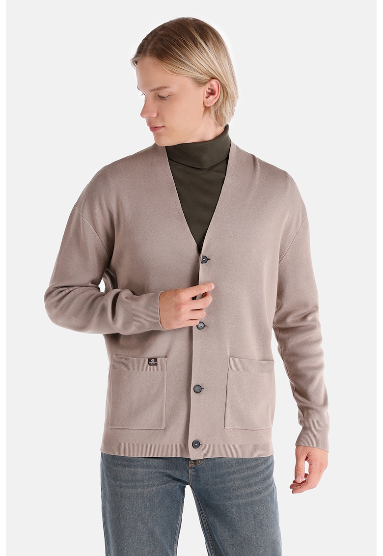 Cardigan cu decolteu in V si buzunare aplicate - Maro taupe deschis