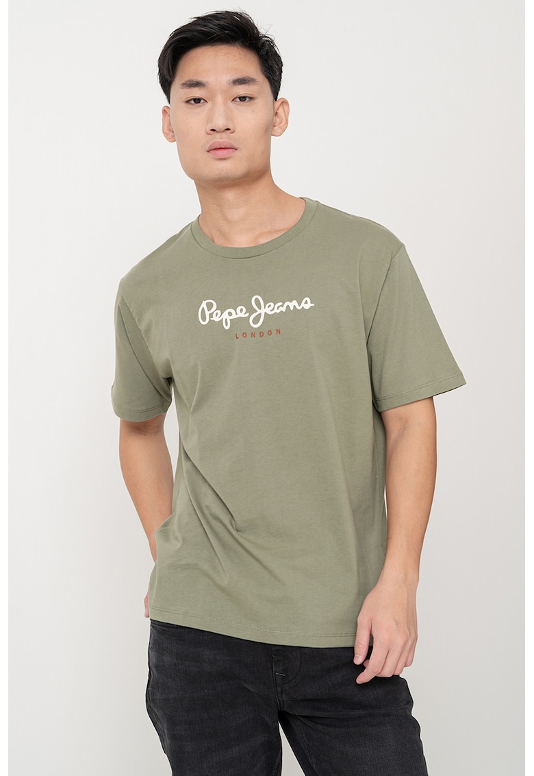 Tricou cu decolteu la baza gatului si logo - Verde sparanghel