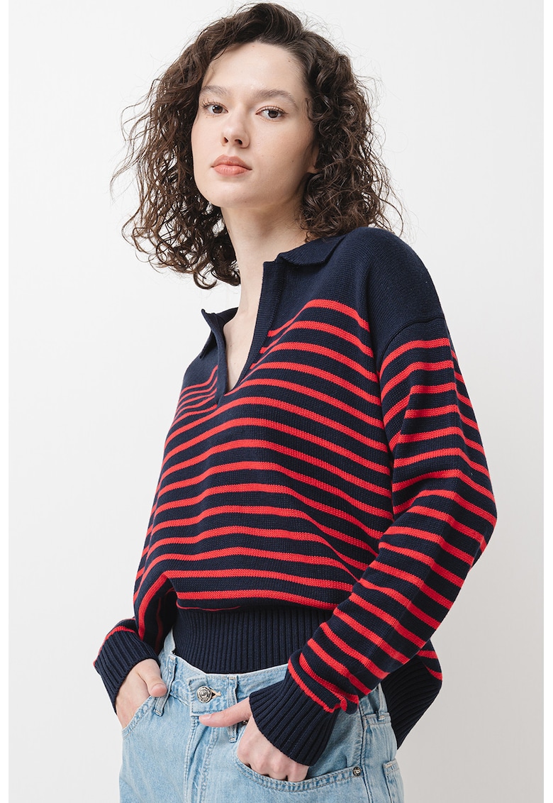 Pulover tricotat cu dungi - Rosu/Bleumarin
