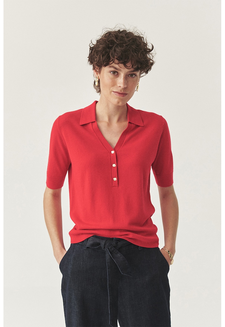 Bluza polo cu fenta cu nasturi - Rosu