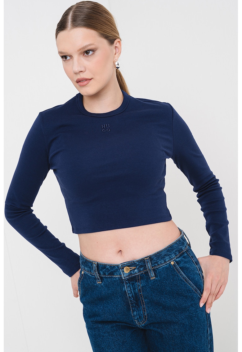 Bluza crop slim fit cu logo Dafilomena - Albastru inchis