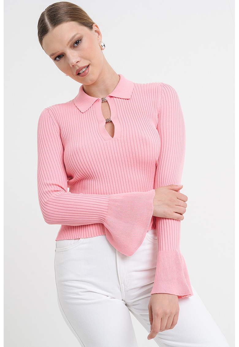 Pulover cu striatii si maneci evazate - Roz pastel