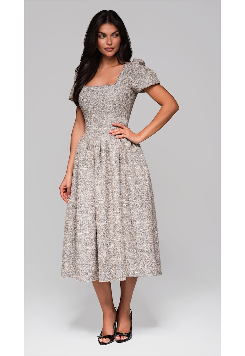 Rochie midi cu maneci bufante si decolteu patrat  LA-OM-DLR220 - Gri