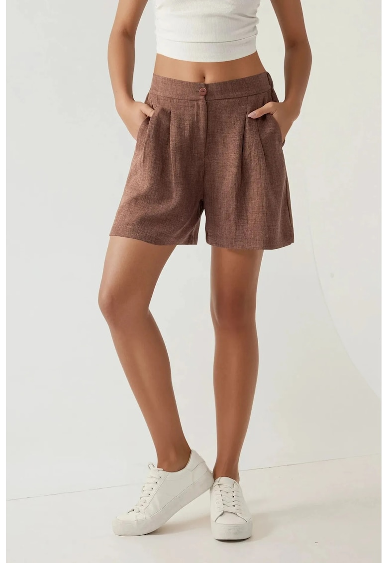 Pantaloni scurti dama  talie inalta - plisati - Lyocell/poliester - maro