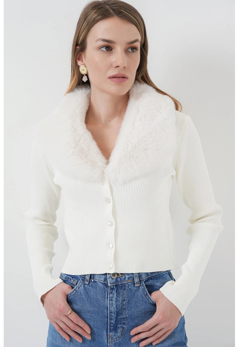 Cardigan scurt - HiCCUP - poliester/blana artificiala - alb