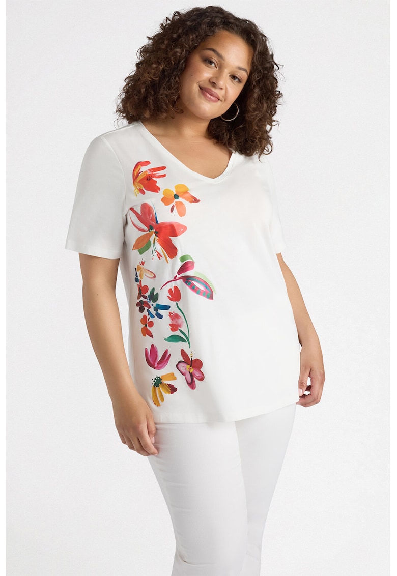 Tricou din bumbac cu imprimeu floral - Rosu/Verde