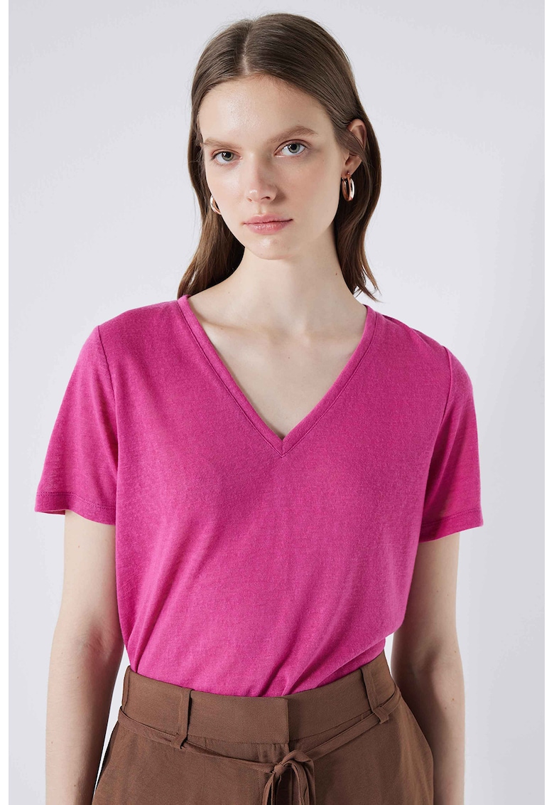 Tricou cu model uni si decolteu in V - Roz zmeuriu