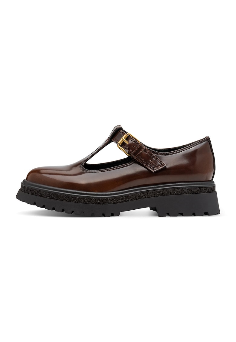 Pantofi din piele lacuita cu bareta in T - Maro inchis/Negru