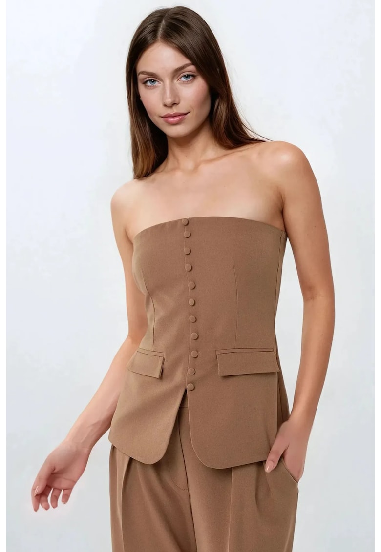 Top  fara bretele - slim fit - nasturi - maro - textil