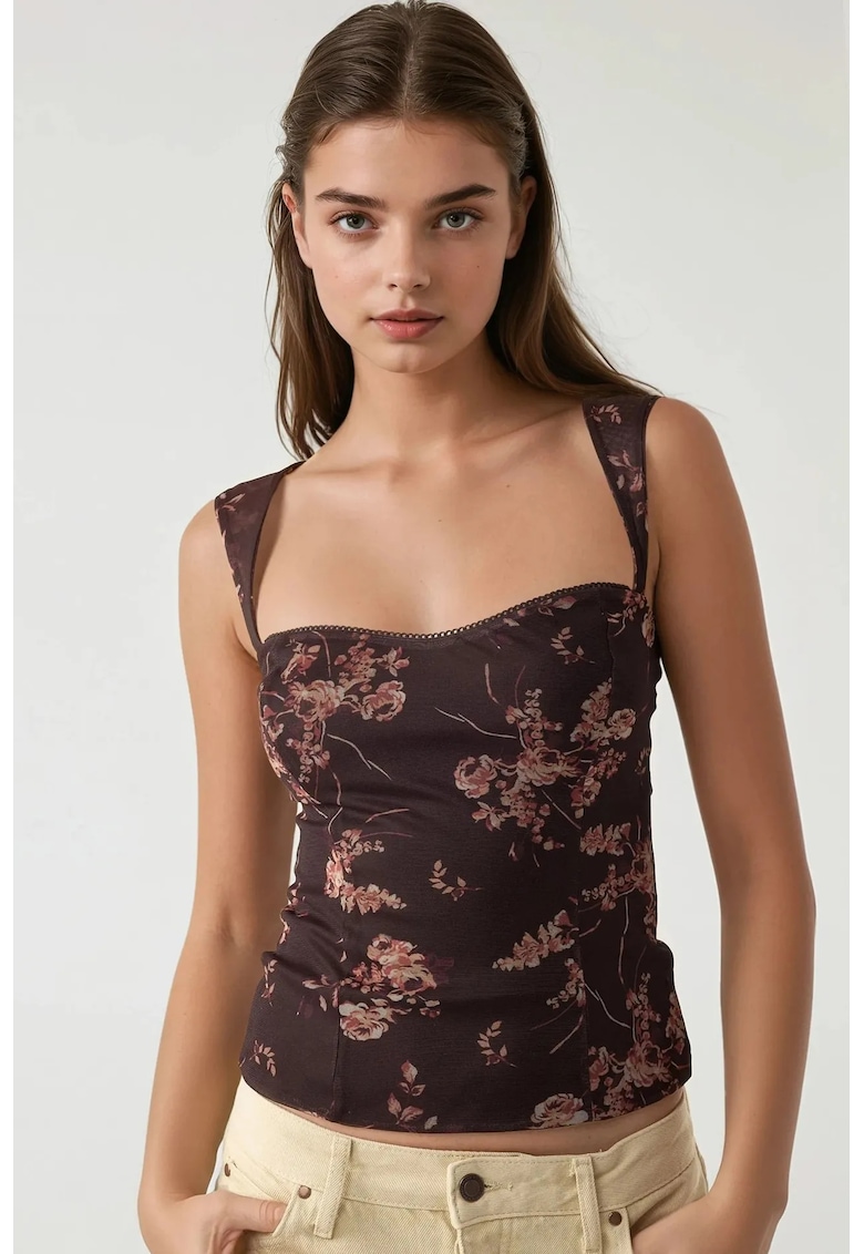 Maiou dama -  top scurt cu imprimeu - guler inima - maro - material textil