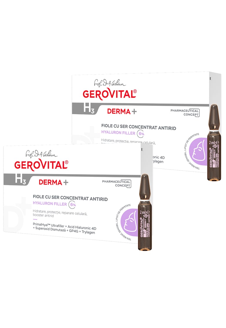 Pachet Gerovital H3 Derma+: Fiole cu Ser Concentrat Antirid 6% Hyaluron Filler 10 fiole x 2 ml + Fiole cu Ser Concentrat Antirid 6% Hyaluron Filler 10 fiole x 2 ml
