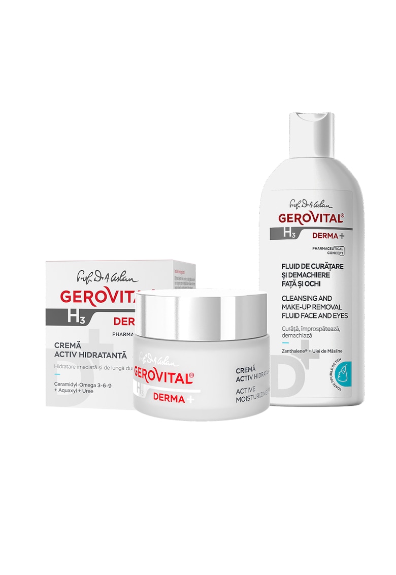 Pachet Gerovital H3 Derma+: Fluid de Curatare si Dermachiere Fata si Ochi - 200 ml + Crema Activ Hidratanta 24h - 50 ml