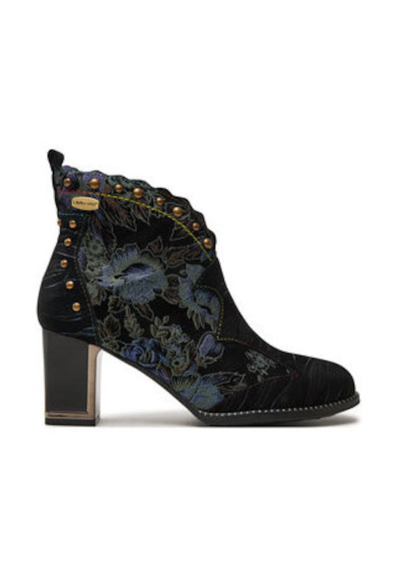 Botine dama -  piele naturala - imprimeu floral - toc stabil - negru