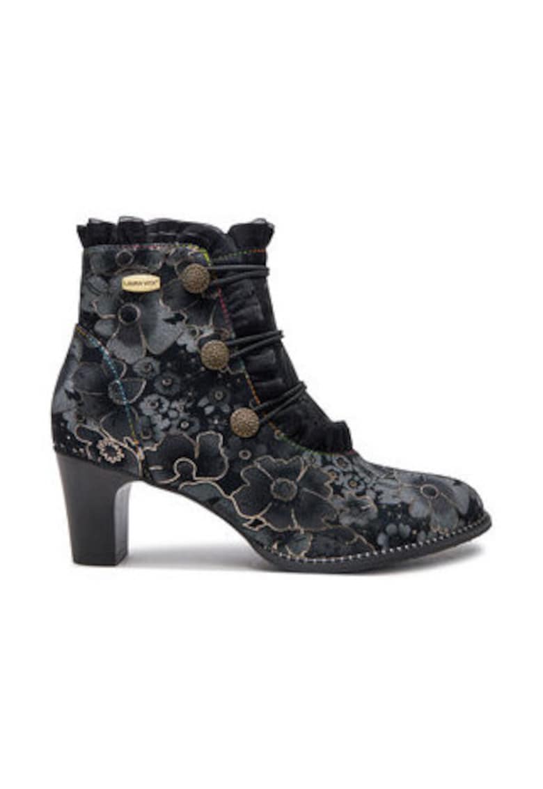 Botine dama -  piele naturala - negru - model floral
