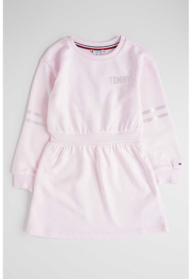 Rochie cu maneci lungi - talie elastica si imprimeu logo - Roz pal