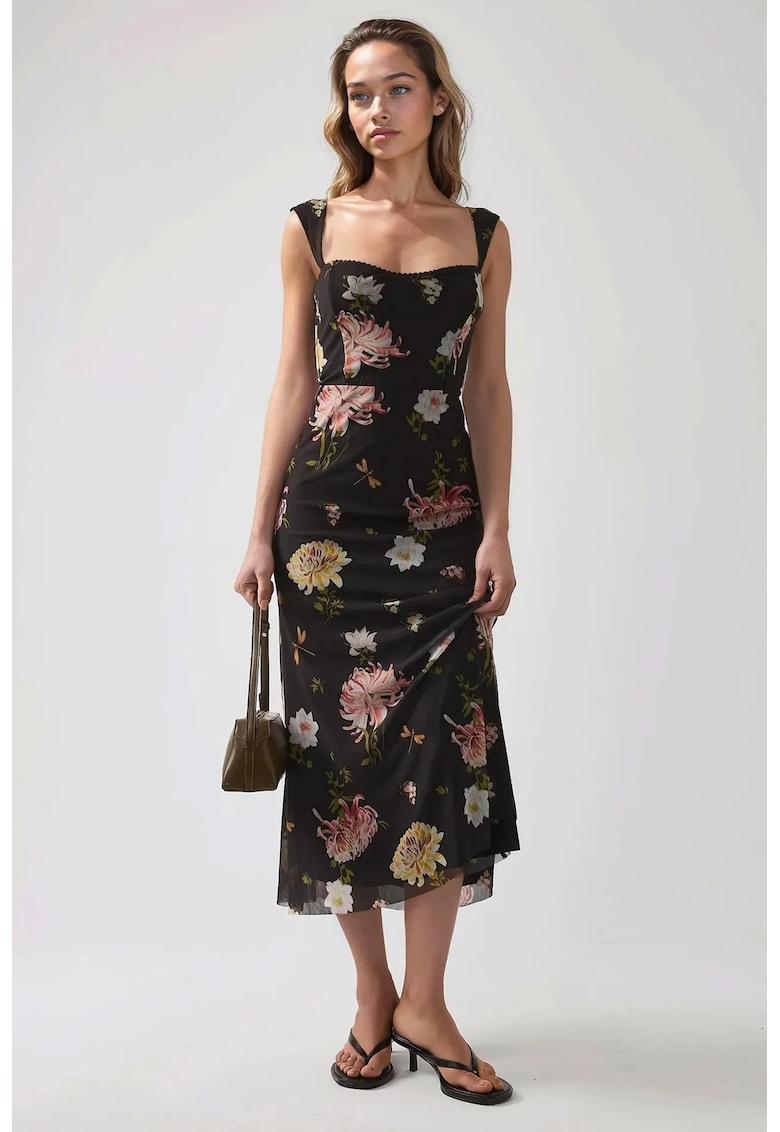 Rochie maxi  cu imprimeu - guler in forma de inima - negru - tul