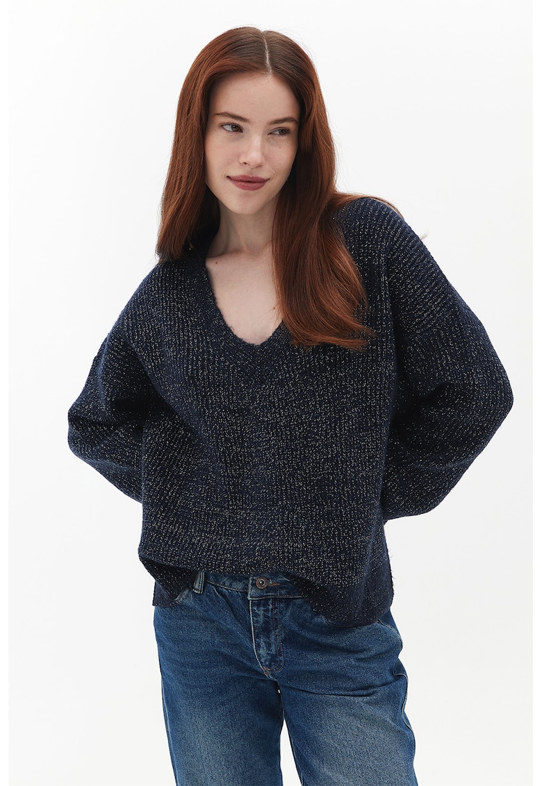 Pulover cu decolteu in V si insertii stralucitoare - Albastru ultramarin/Argintiu