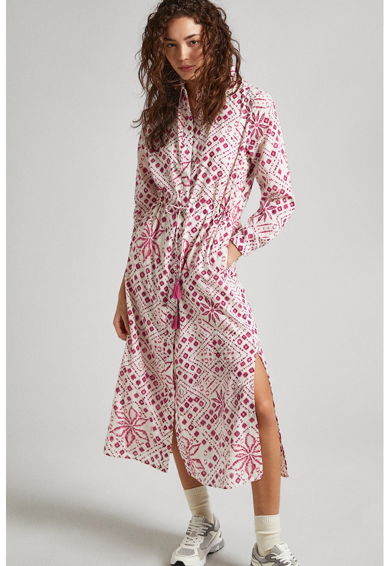 Rochie midi cu model si slituri laterale - Alb murdar/Roz
