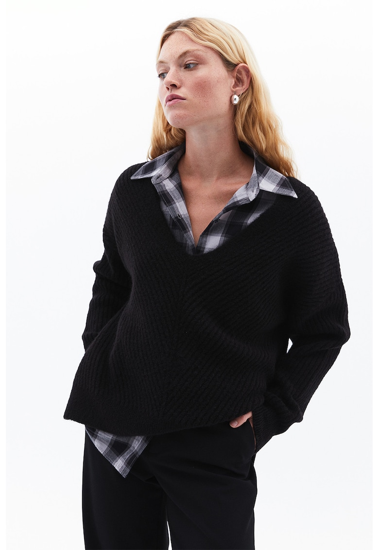 Camasa din flanel cu buzunare pe piept - Negru/Gri deschis