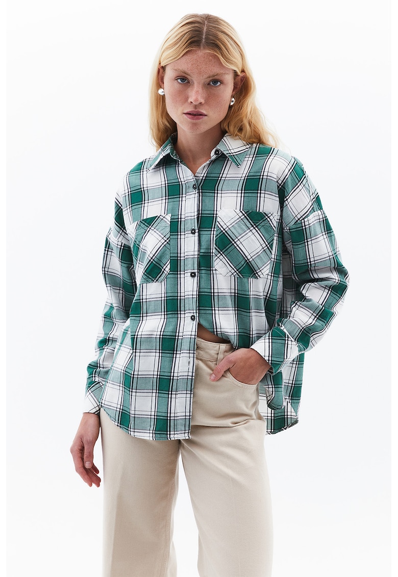 Camasa din flanel cu buzunare pe piept - Verde aquamarin/Alb murdar