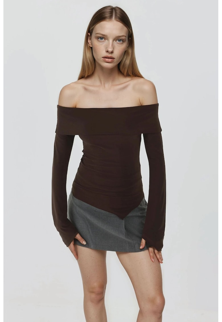 Bluza dama -  decolteu asimetric - elastan/poliester - maro inchis
