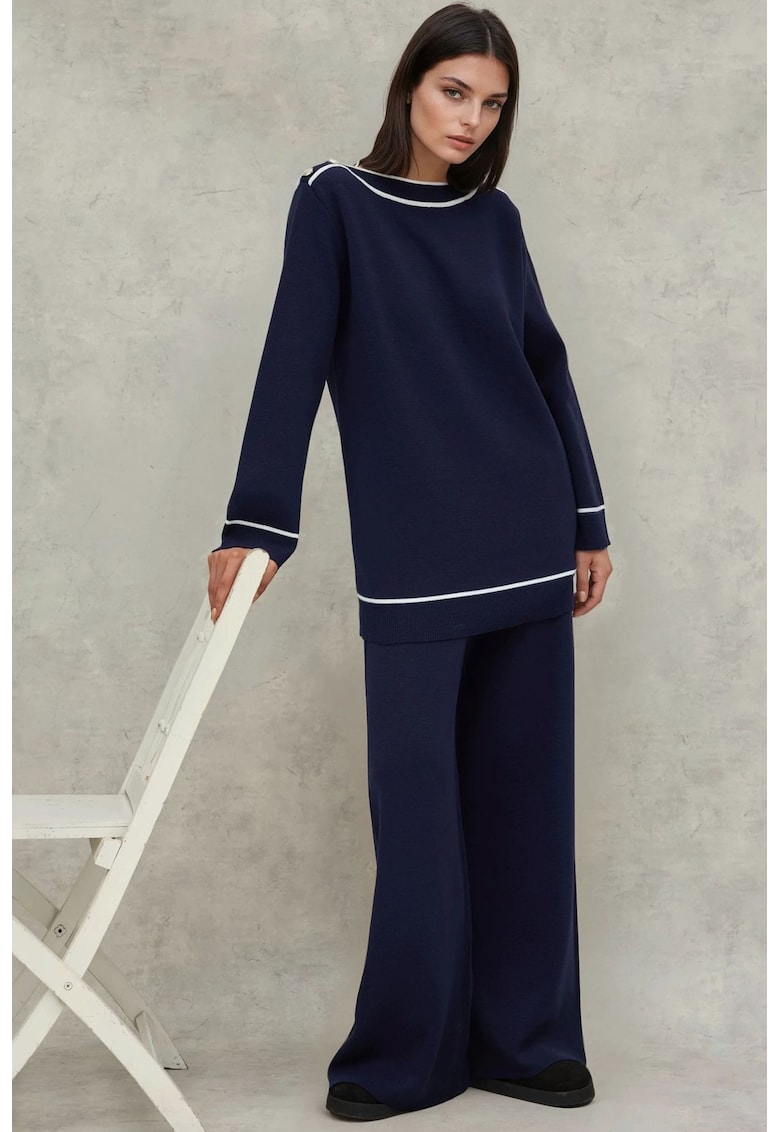 Set asortat femei -  pulover cu nasturi si pantaloni lati - bleumarin - tricot