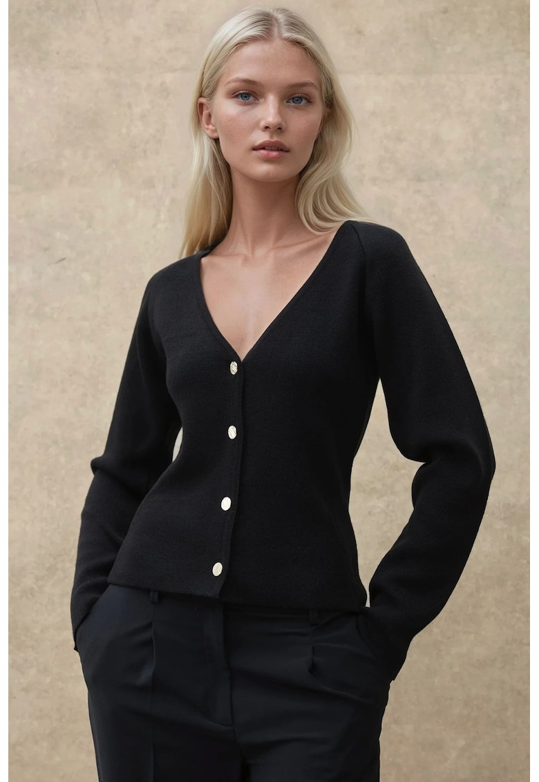 Cardigan -  mulat - decolteu in V - negru - tricot