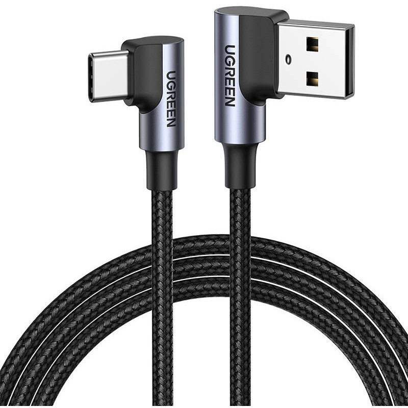 Cablu de date US176, USB la USB-C, QC 4.0, 3A, 480 Mbps, Unghi incarcare 90 grade, 3m, Negru/Gri