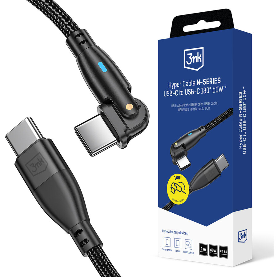 Cablu de date Hyper N-SERIES, 2x USB-C, 60W, 3A, 2m, rotire 180 grade, Negru