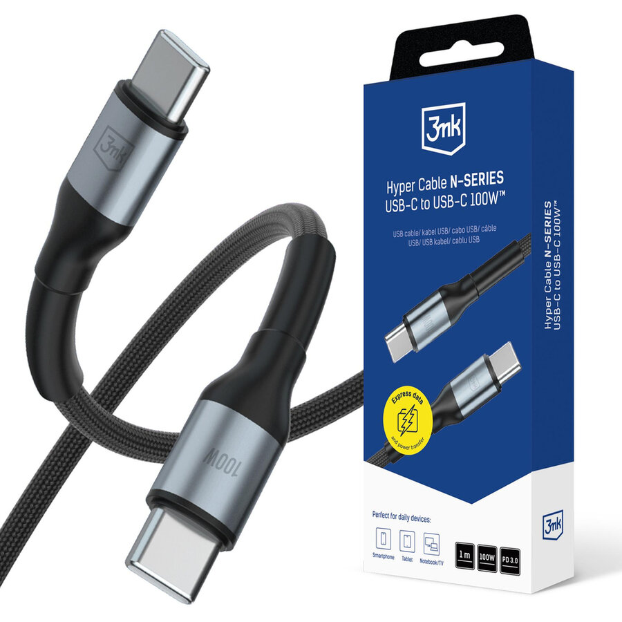 Cablu de date Hyper N-SERIES, 2x USB-C, 100W, 5A, 1m, Negru