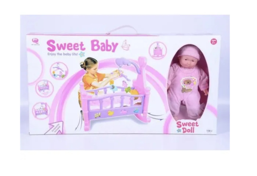 Bebelus de jucarie Sweet Baby Sweet Doll cu patut leagan si accesorii