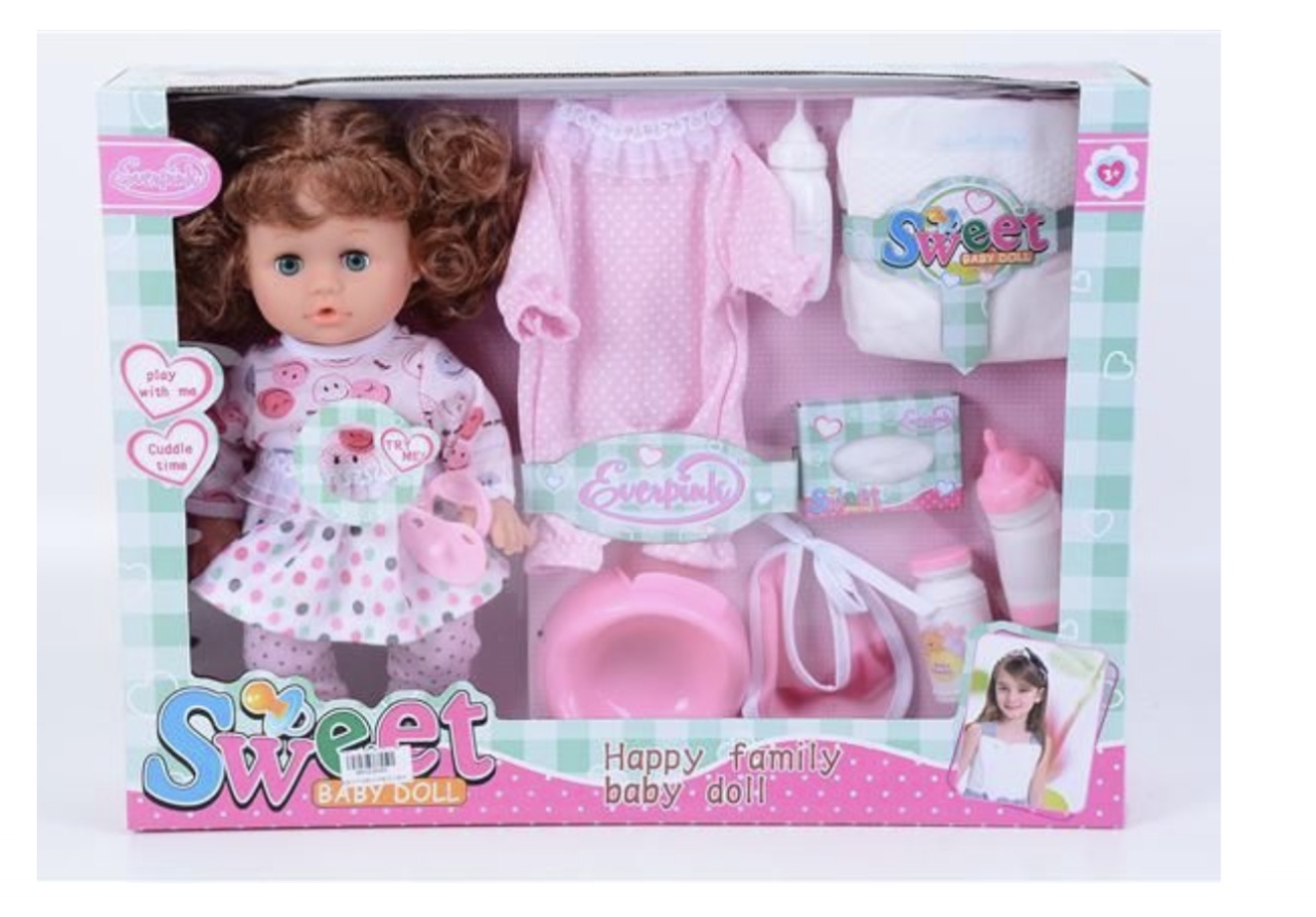 Papusa Interactiva Sweet Babydoll cu olita, haine de schimb si sunete