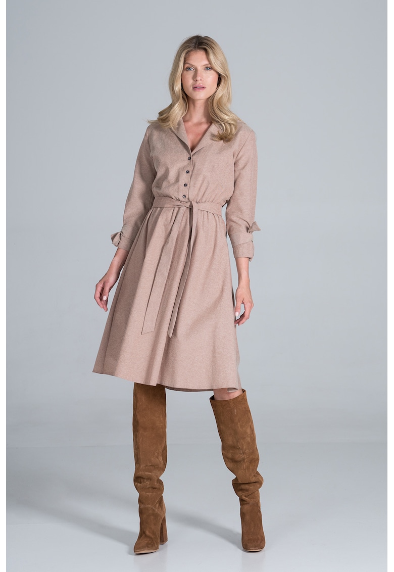 Rochie camasa midi  bej - cu centura - viscoza