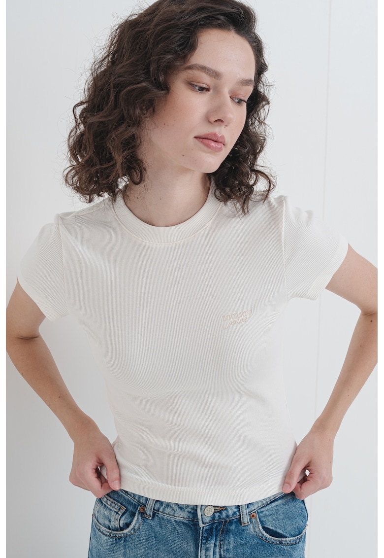 Tricou slim fit cu broderie logo - Alb