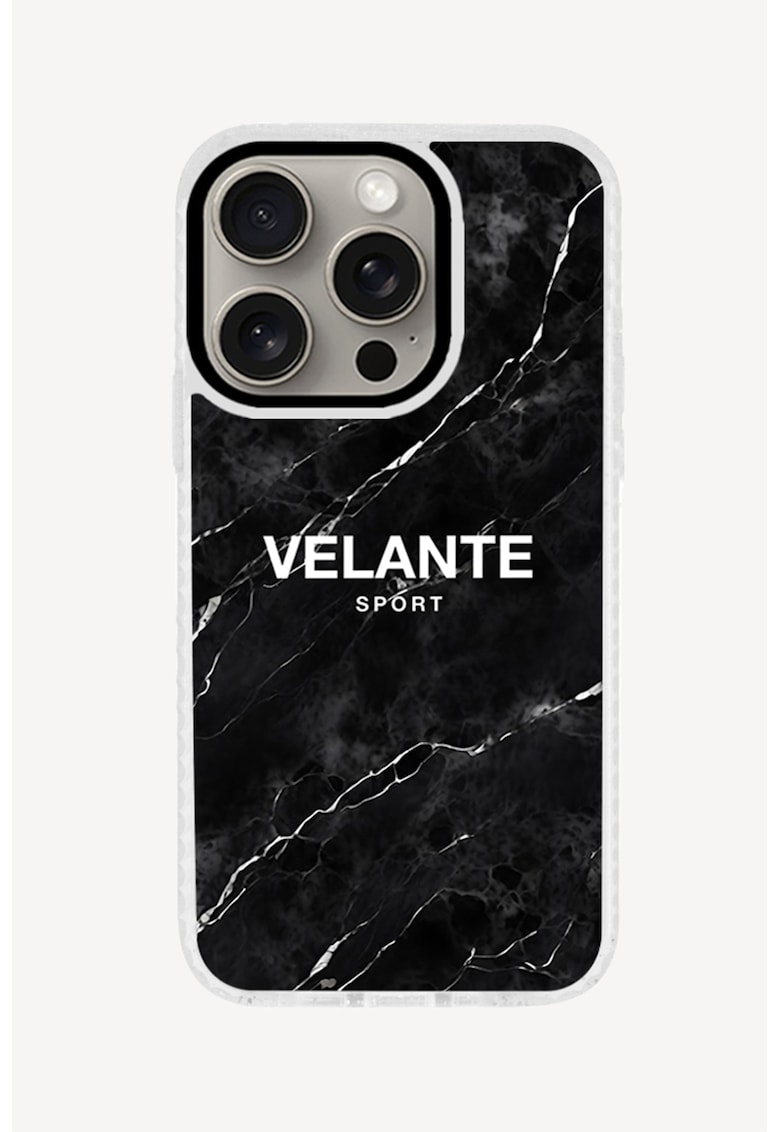 Husa unisex cu imprimeu logo pentru iPhone 15 PRO - Alb/Negru stins