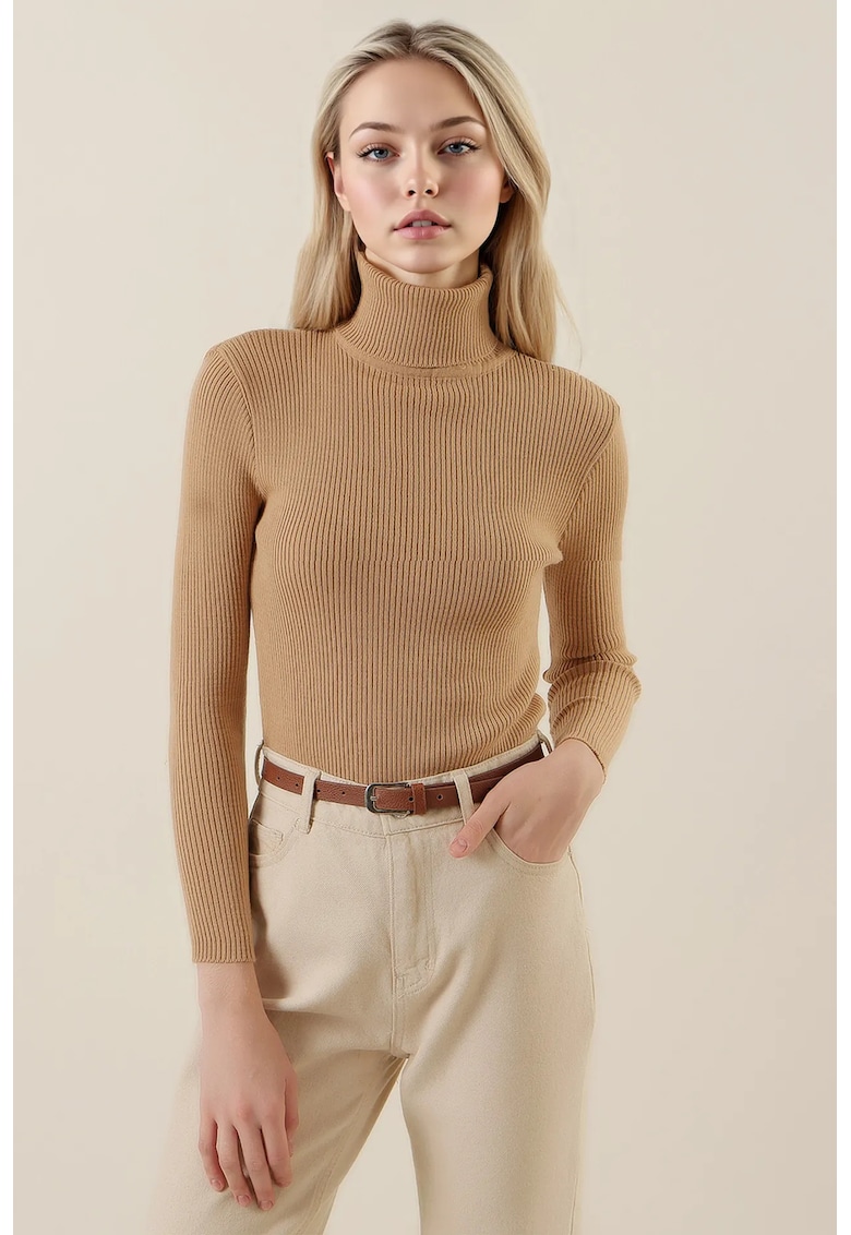 Pulover dama - BigDart - texturat - guler inalt - tricot - Bej Natural -
