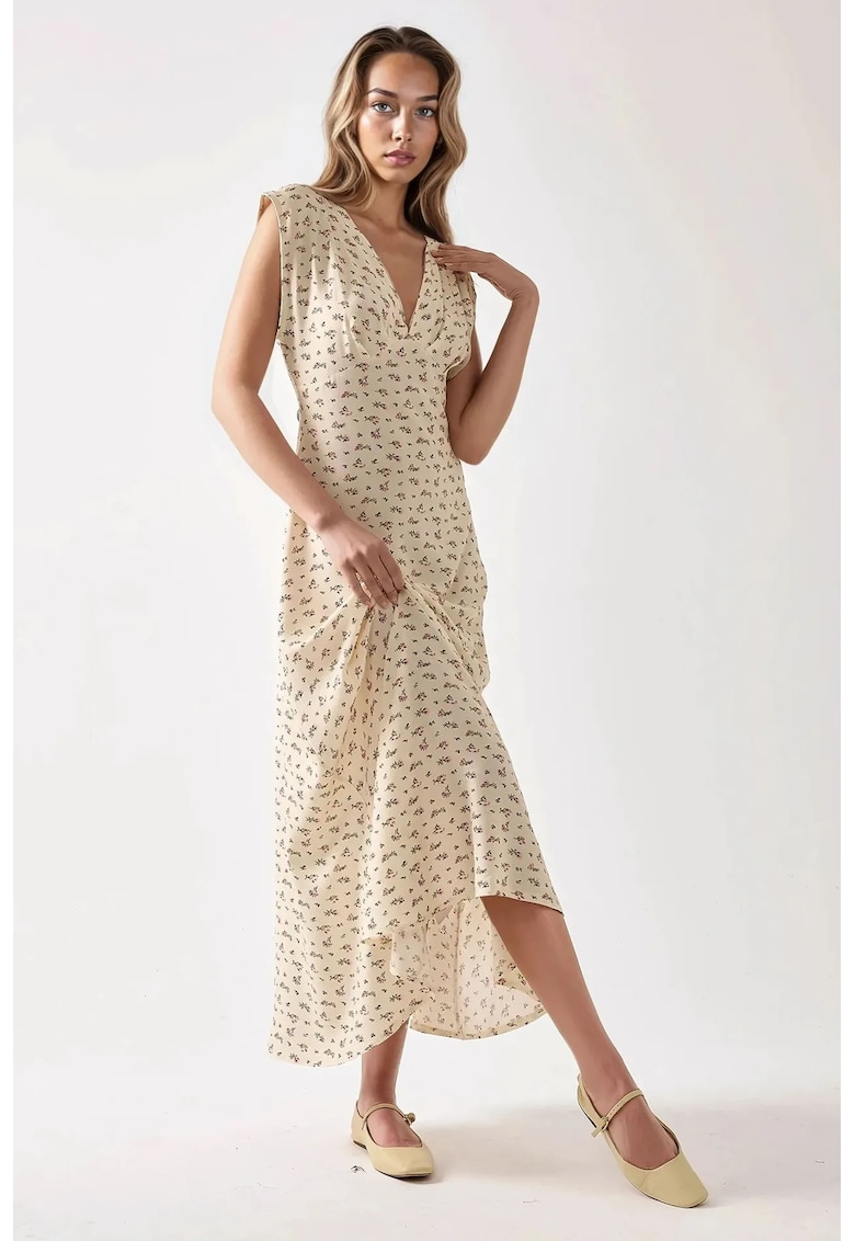 Rochie midi -  decolteu in V - imprimeu floral - multicolor - jerseu