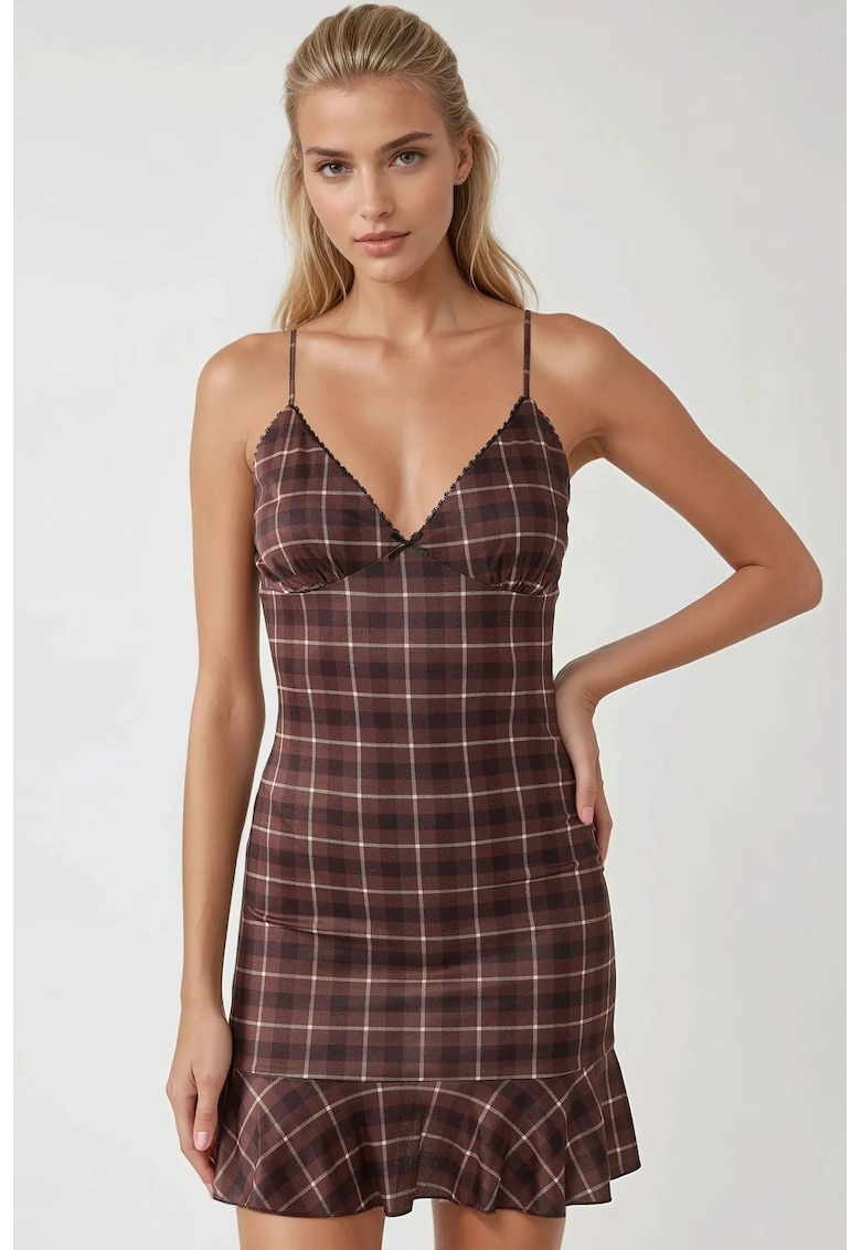 Rochie mini -  carouri - decolteu inima - maro - textil