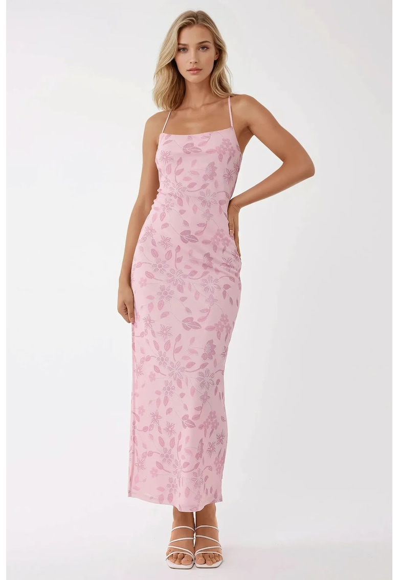 Rochie maxi -  imprimeu - decolteu patrat - roz - tul