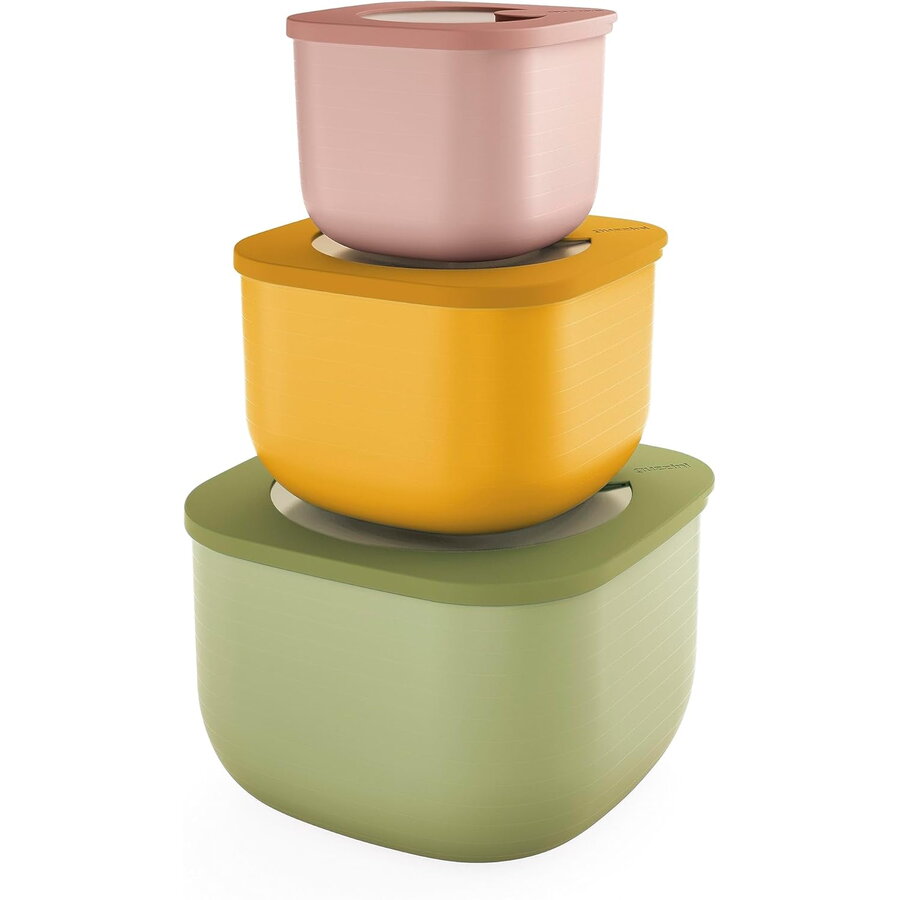 Oferte la Set 3 Caserole cu Capac ECO STORE & MORE Verde/Galben/Roz