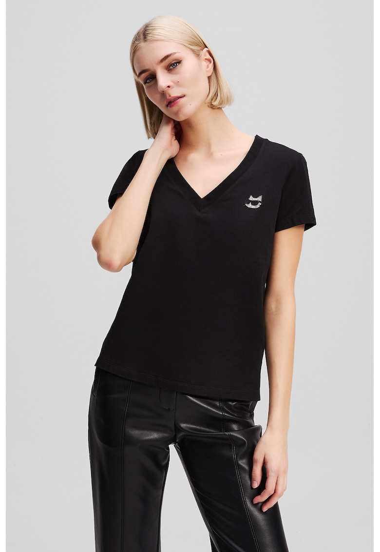 Tricou din bumbac organic cu decolteu in V - Negru